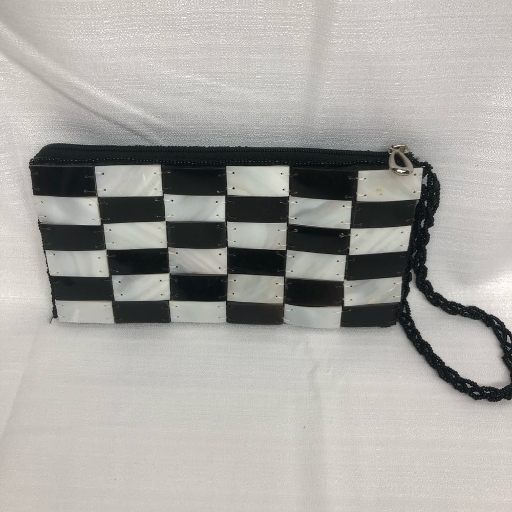 Black and White Checkered Mother of Pearl Beaded Clutch